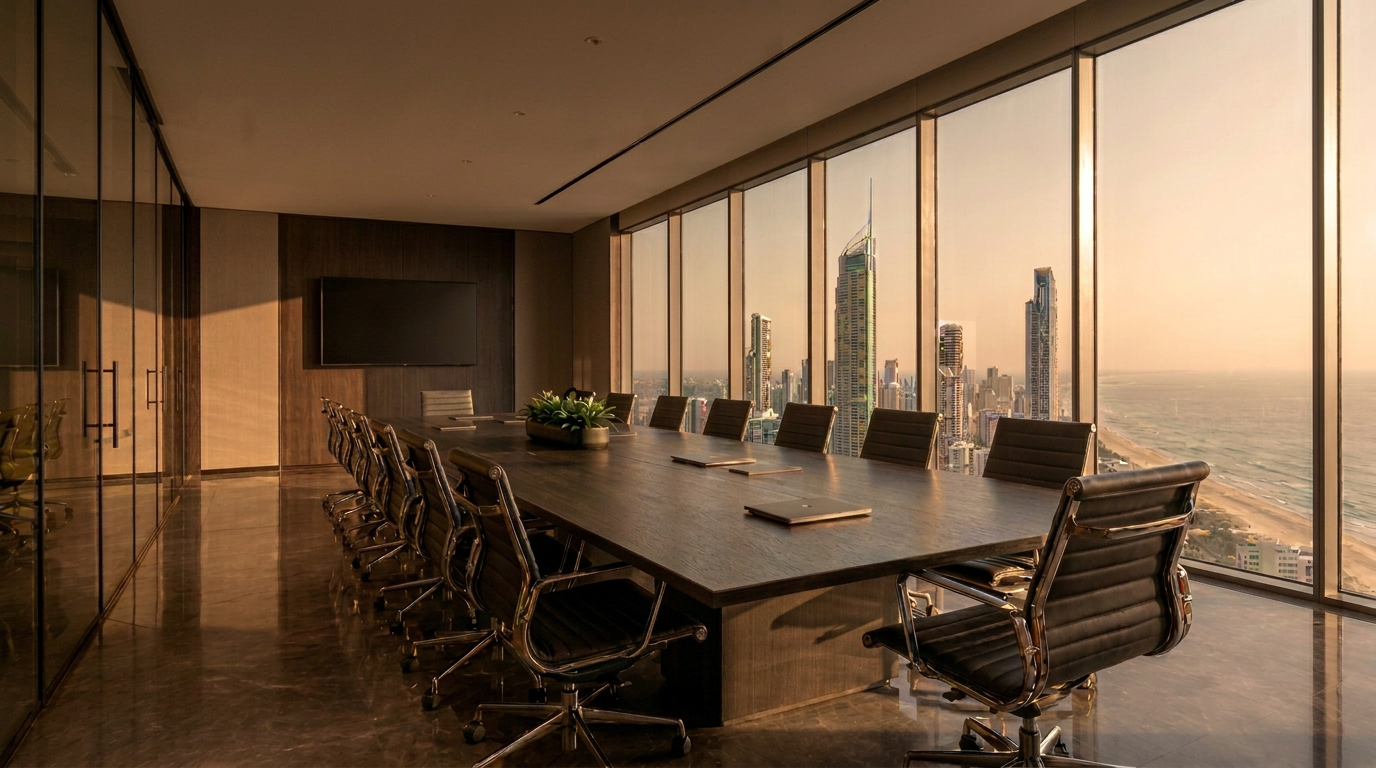 A high-rise corporate office foyer on the Gold Coast, immaculately presented