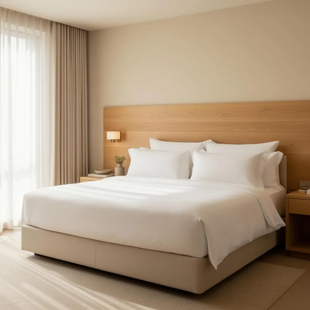 A high-end short-stay rental bedroom dressed in crisp linen
