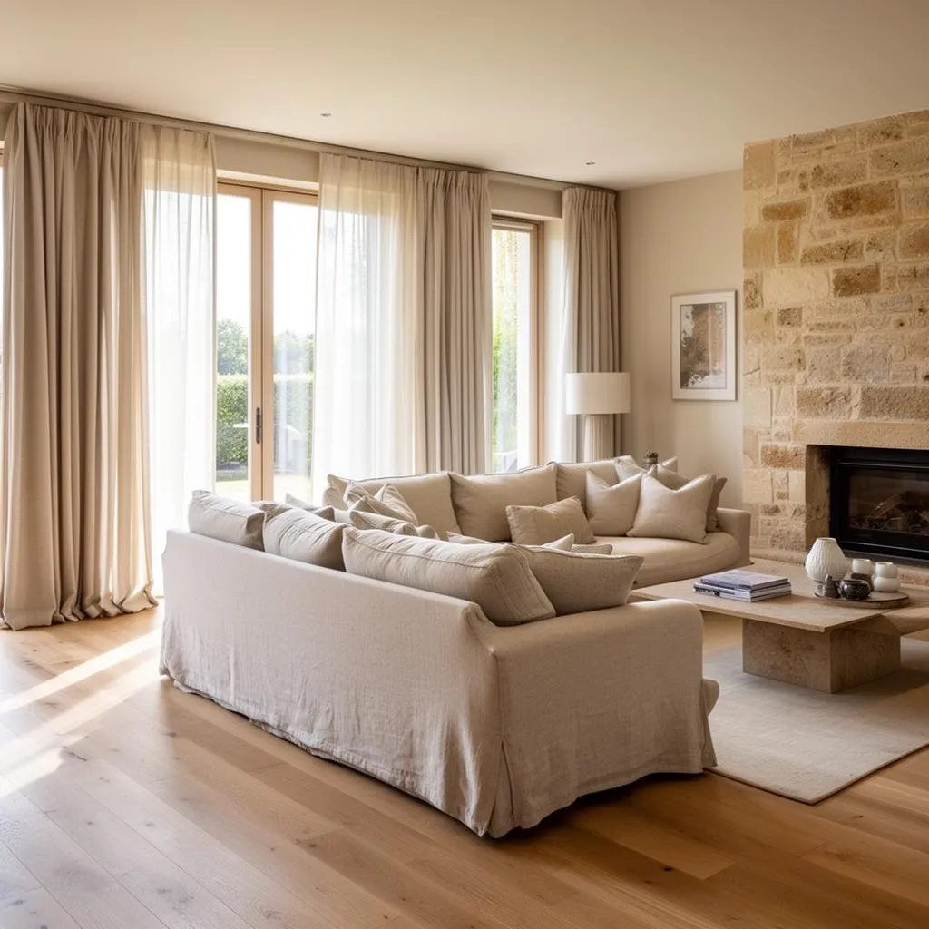 A luxury coastal home living room in soft natural light
