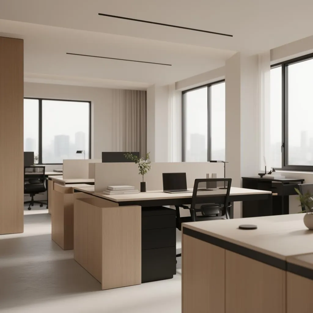 A modern professional office workspace at rest
