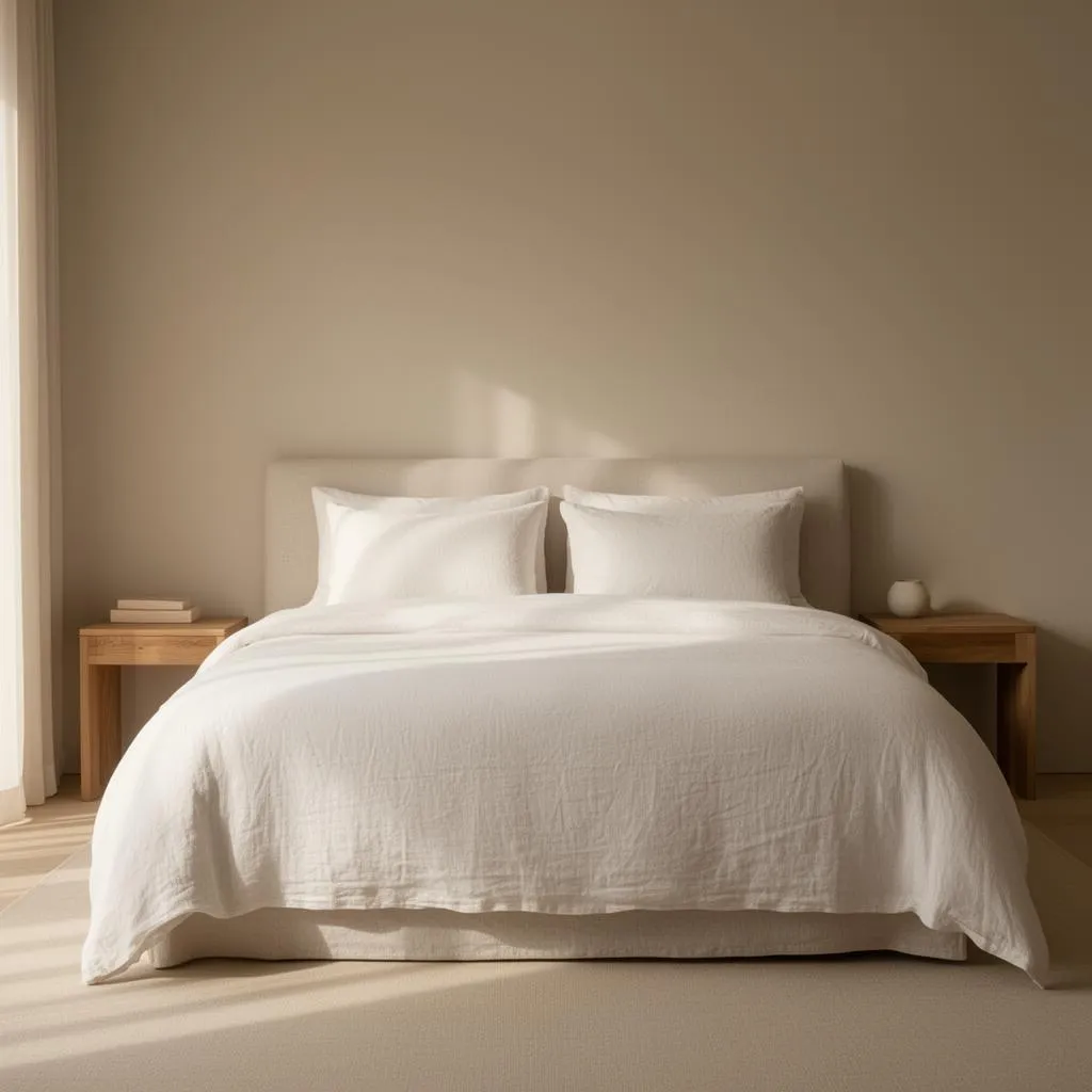 A serene minimalist luxury coastal home bedroom in soft morning light